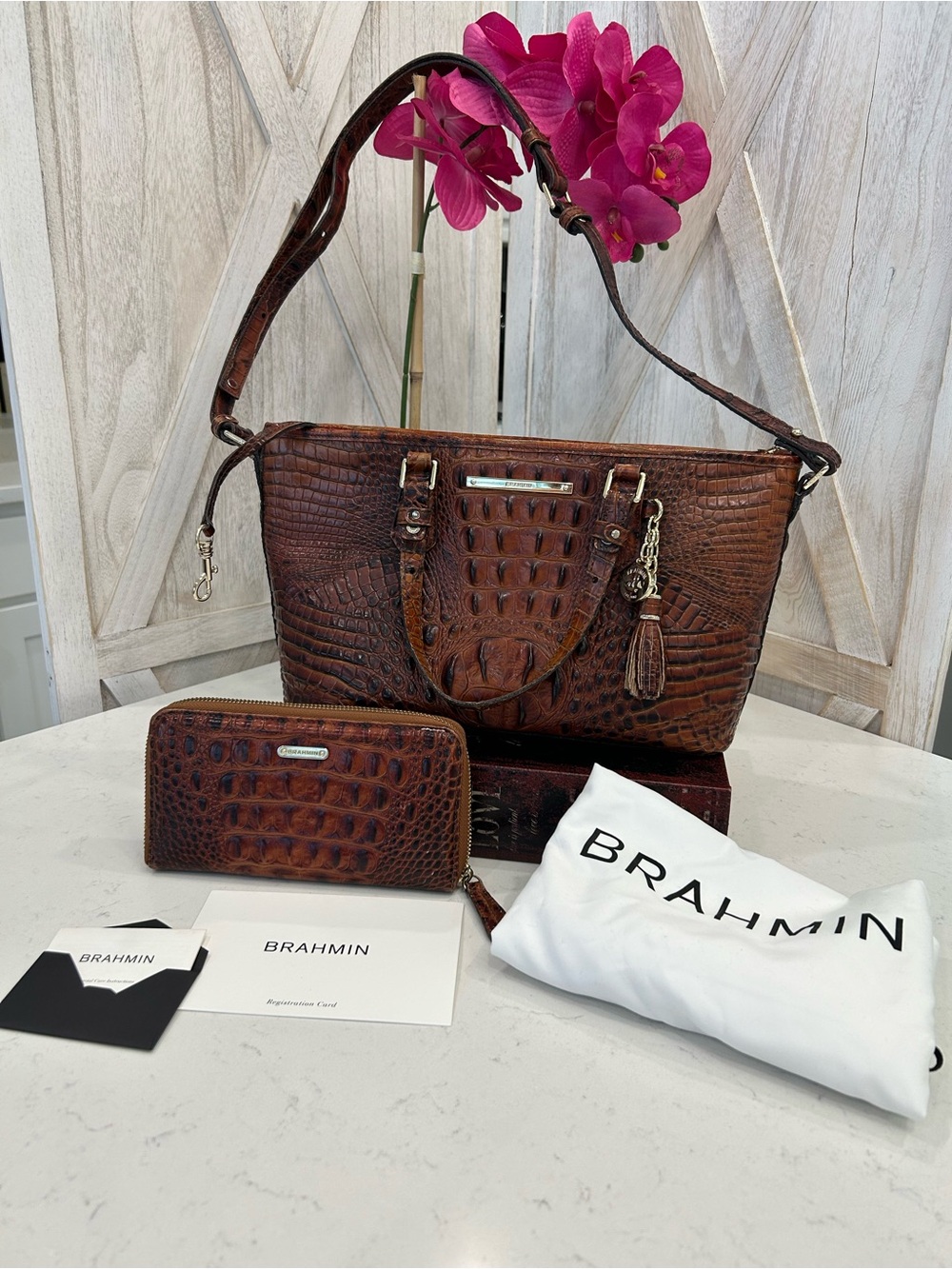 Brahmin Pecan Mini Asher Croc-Embossed Shoulder Bag with Matching Suri Wallet